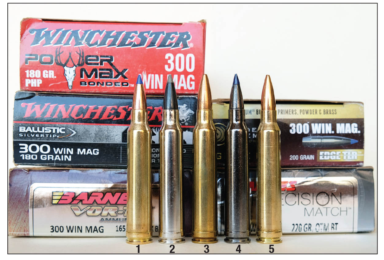 Factory .300 Winchester Magnum loads used in the evaluation included the (1) Barnes Vortex 165-grain TTSX BT, (2) Winchester 180 Ballistic Silvertip, (3) Winchester 180 Power Max Bonded, (4) Federal 200 Edge TLR Bonded and (5) Barnes 220-grain Vortex precision Match.